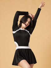 CUKOO Padded Black n White Full Sleeve Skirted Swimwear