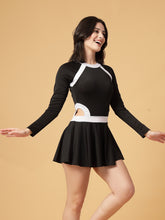 CUKOO Padded Black n White Full Sleeve Skirted Swimwear