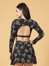 CUKOO Padded Black Floral Full Sleeve Skirtini Swimwear