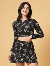 CUKOO Padded Black Floral Full Sleeve Skirtini Swimwear