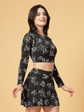 CUKOO Padded Black Floral Full Sleeve Skirtini Swimwear