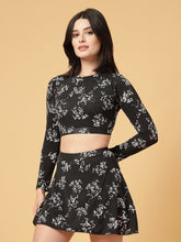 CUKOO Padded Black Floral Full Sleeve Skirtini Swimwear