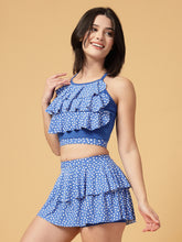 CUKOO Padded Blue Printed Two piece Ruffle Skirtini Swimwear