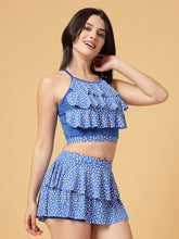 CUKOO Padded Blue Printed Two piece Ruffle Skirtini Swimwear