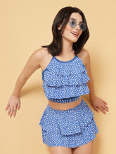 CUKOO Padded Blue Printed Two piece Ruffle Skirtini Swimwear