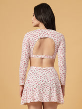 CUKOO Padded White-Pink Floral Full Sleeve Skirtini Swimwear