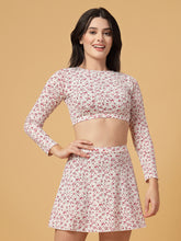 CUKOO Padded White-Pink Floral Full Sleeve Skirtini Swimwear