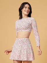 CUKOO Padded White-Pink Floral Full Sleeve Skirtini Swimwear