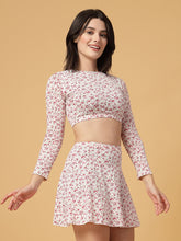 CUKOO Padded White-Pink Floral Full Sleeve Skirtini Swimwear