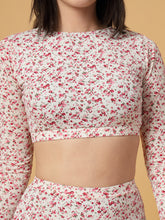 CUKOO Padded White-Pink Floral Full Sleeve Skirtini Swimwear