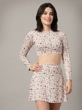 CUKOO Padded White Floral Full Sleeve Skirtini Swimwear