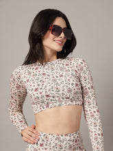 CUKOO Padded White Floral Full Sleeve Skirtini Swimwear