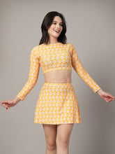 CUKOO Padded Yellow Floral Full Sleeve Skirtini Swimwear