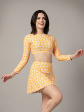 CUKOO Padded Yellow Floral Full Sleeve Skirtini Swimwear