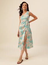 CUKOO Aqua Palm Print One-Shoulder Resort Wear Beach Wear Dress for Women