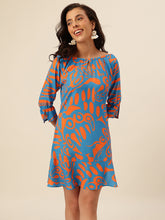 CUKOO Blue & Orange Printed Resort Wear Beach Wear Dress for Women