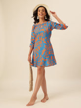 CUKOO Blue & Orange Printed Resort Wear Beach Wear Dress for Women