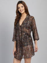 Brown printed cover up Sarong with Gold Lurex Line
